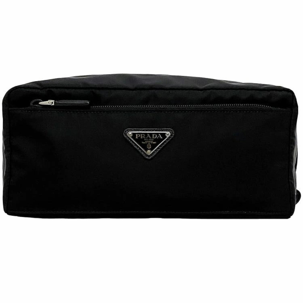Prada Clutch Bag Black Silver Nero Black Tessuto Saffiano Shoulder Clutch